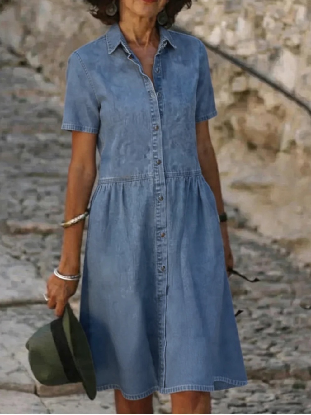 Denim Button-Front Midi Dress in Light Blue
